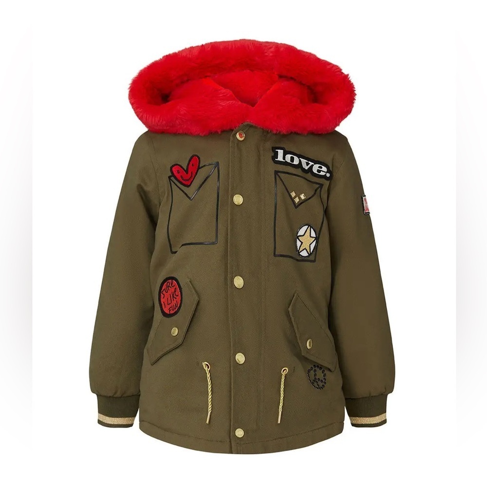 Little Marc Jacobs girls olive green & red faux fur lined winter parka patches